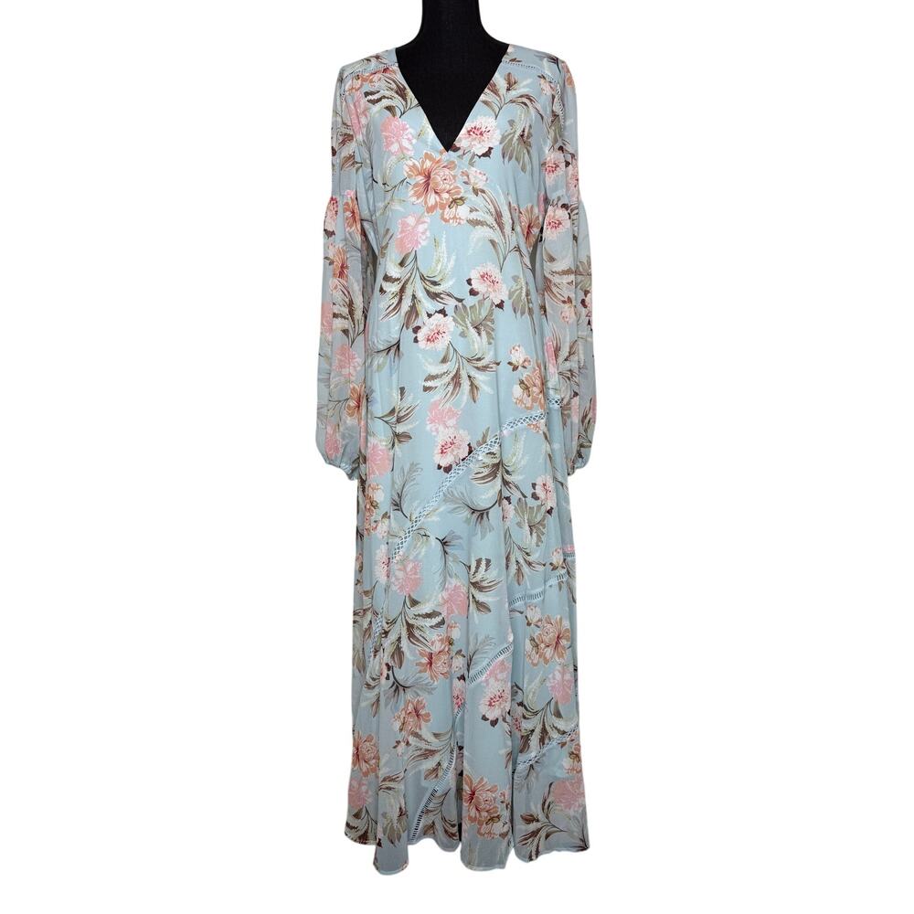 Blue Boho Maxi Dress Cottagecore Floral Romantic Long Sleeve XL